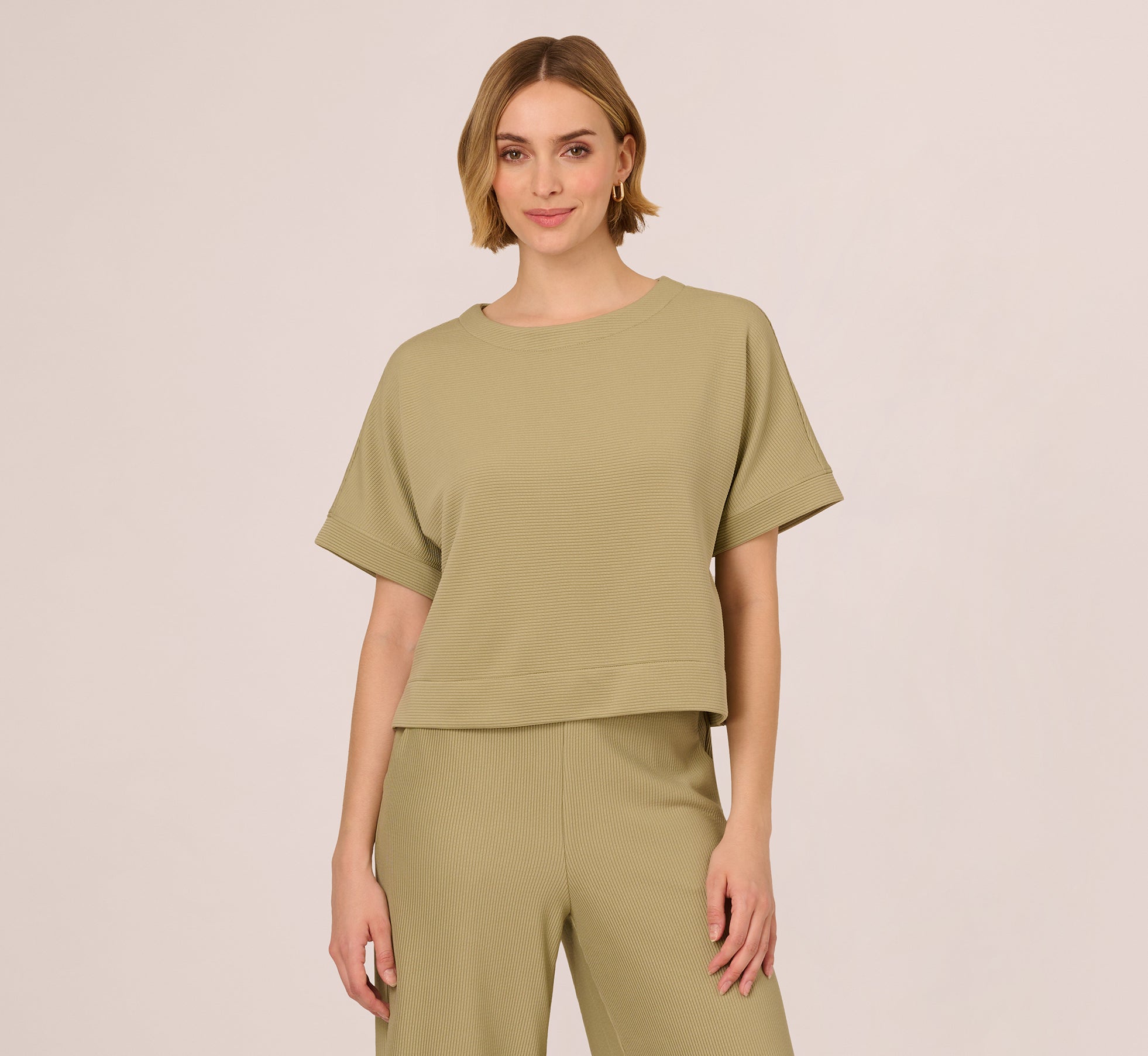Short Sleeve Rib Knit Back Button Top In Dusty Sage Green