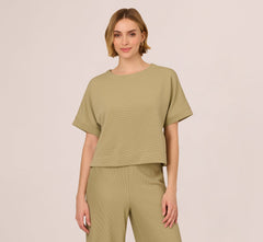 Short Sleeve Rib Knit Back Button Top In Dusty Sage Green