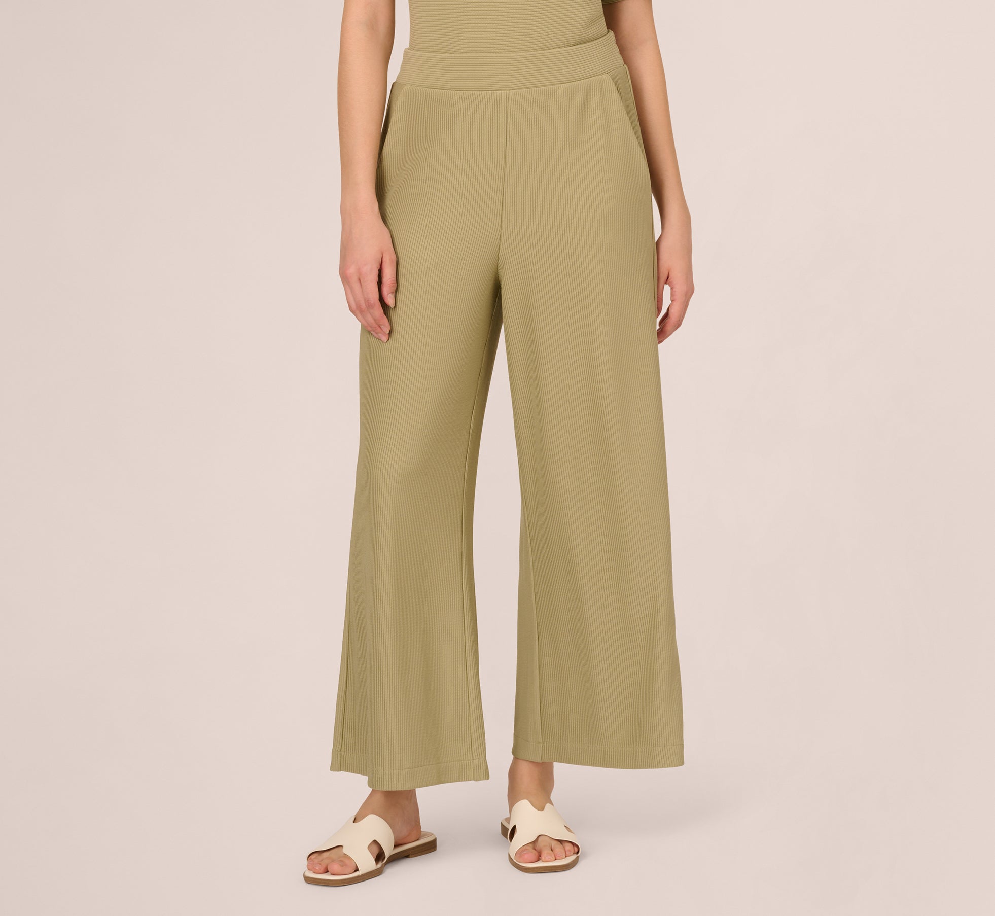 Wide Leg Rib Knit Pants In Dusty Sage Green