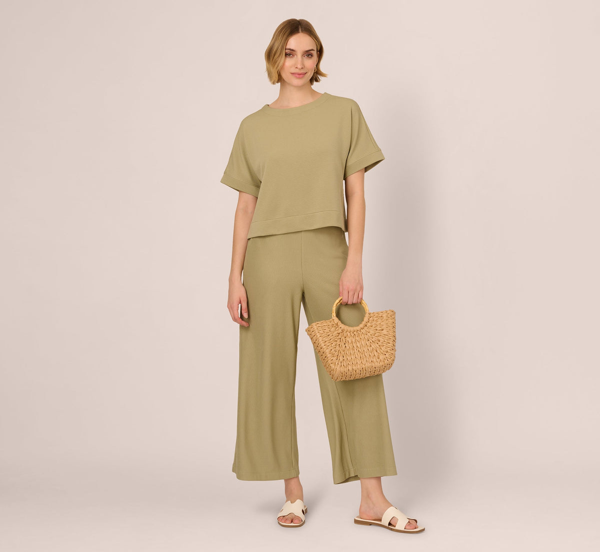 Wide Leg Rib Knit Pants In Dusty Sage Green