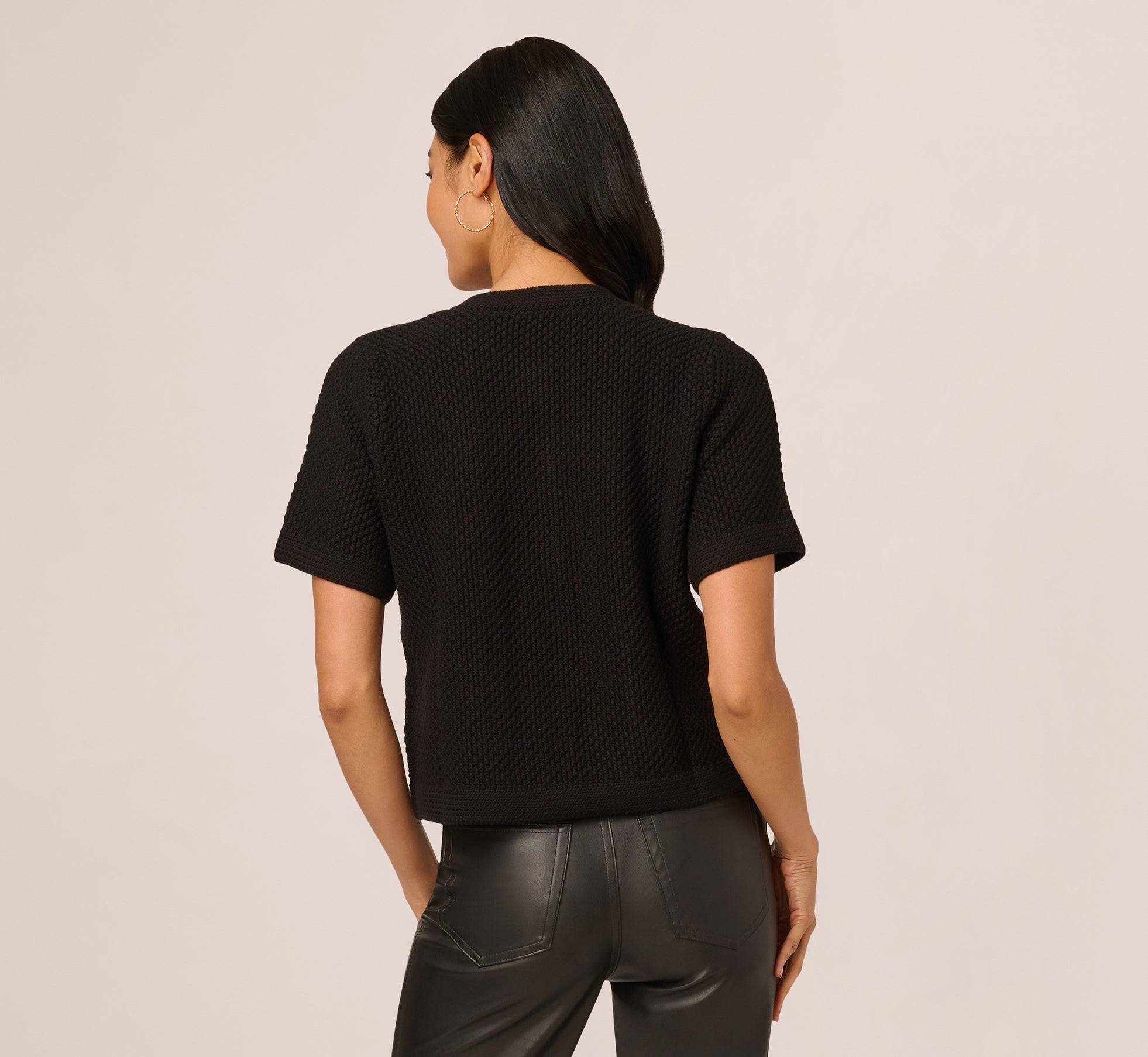 Short Sleeve Textured Cardigan Sweater In Black