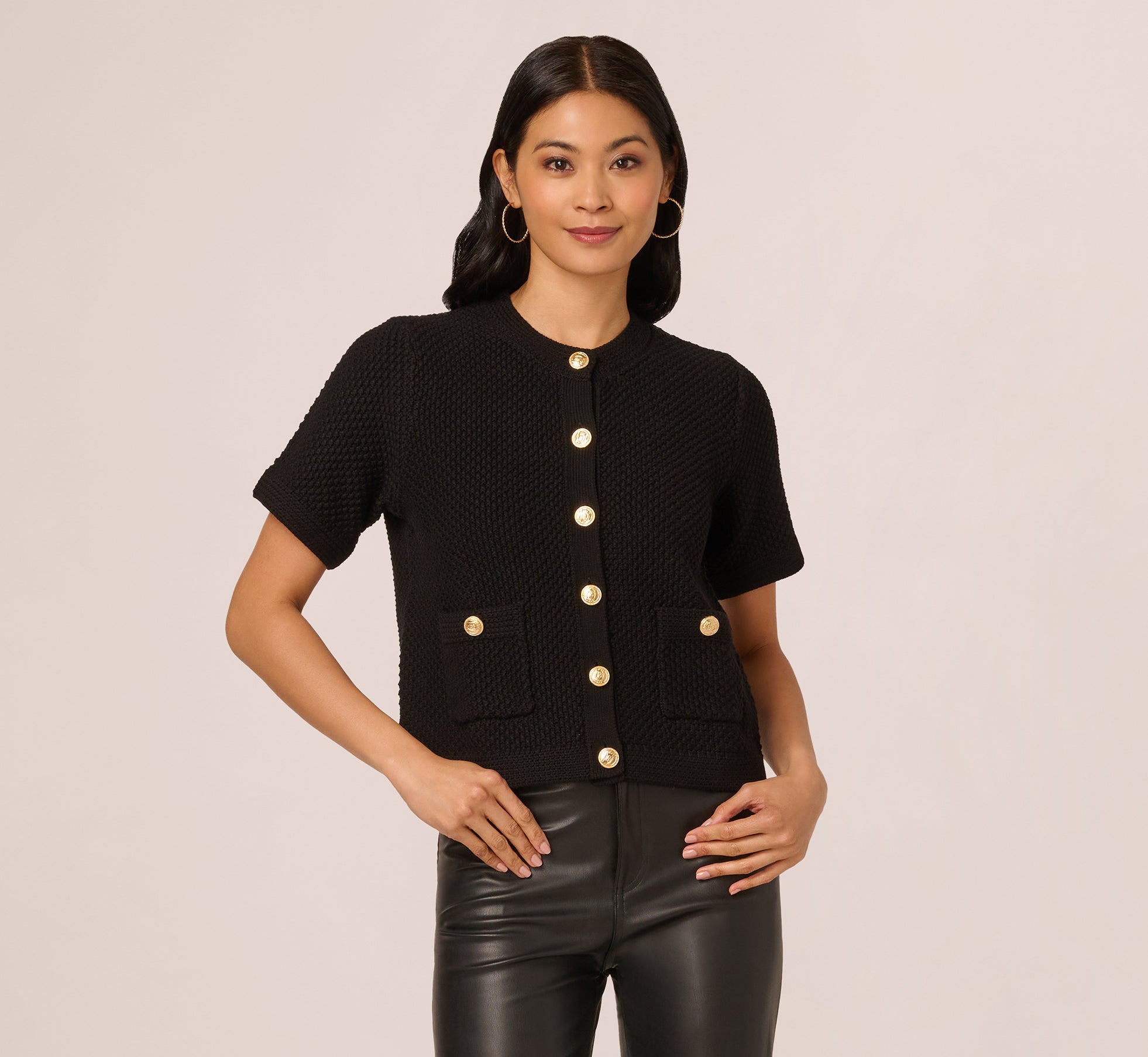 Short Sleeve Textured Cardigan Sweater In Black