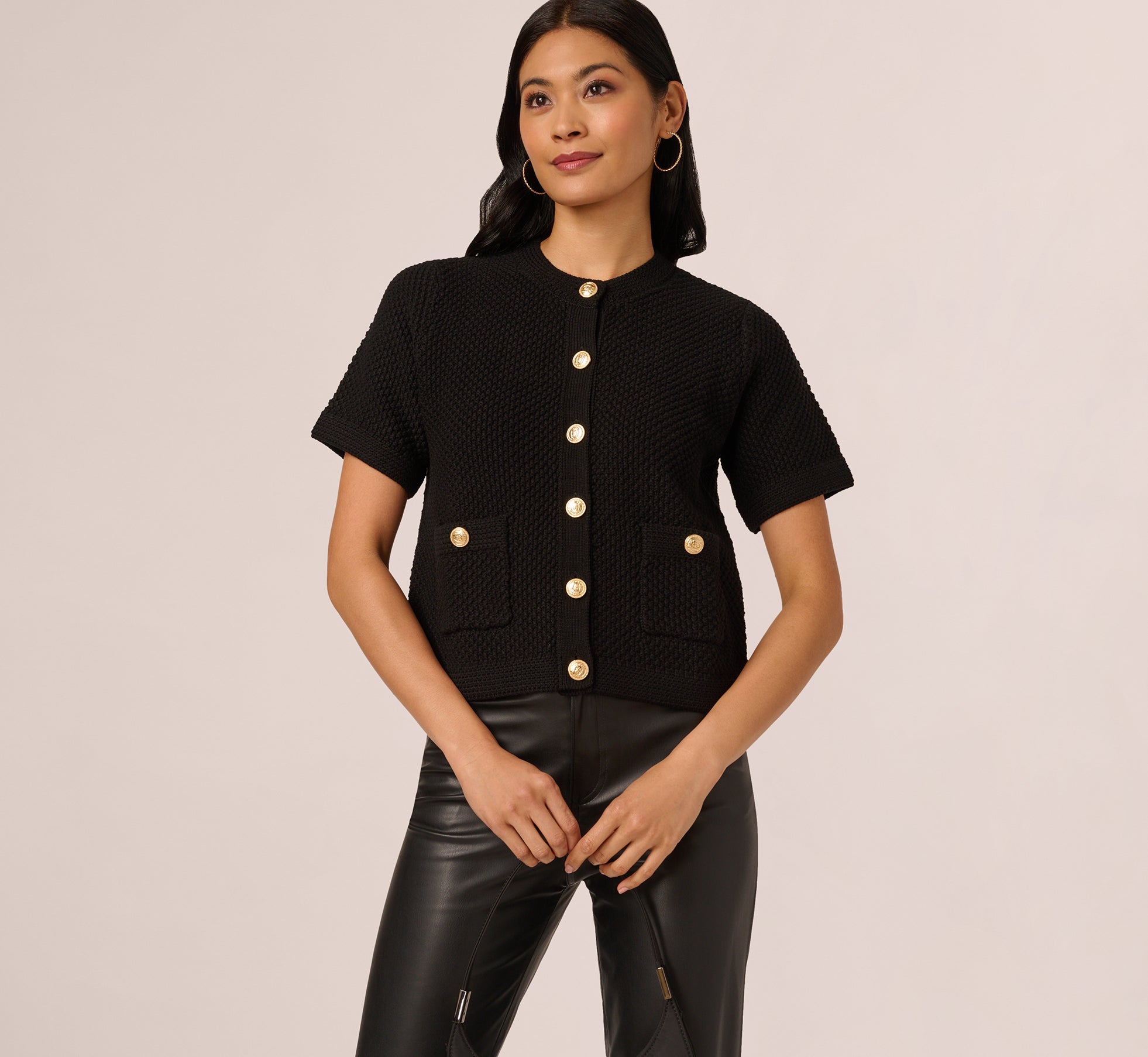 Short Sleeve Textured Cardigan Sweater In Black