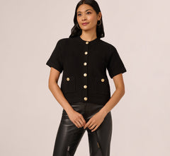 Short Sleeve Textured Cardigan Sweater In Black