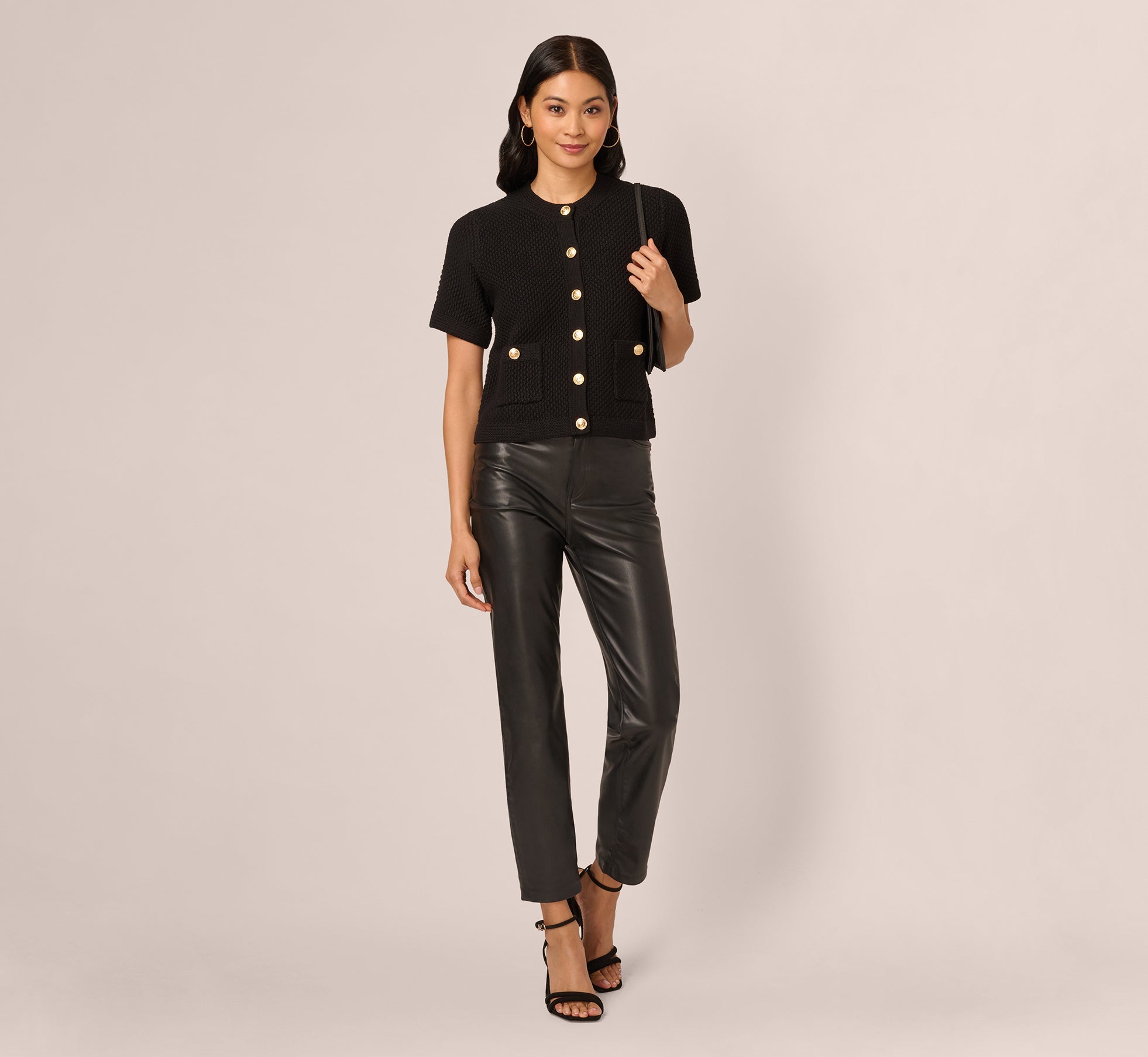 Short Sleeve Textured Cardigan Sweater In Black