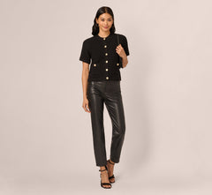 Short Sleeve Textured Cardigan Sweater In Black