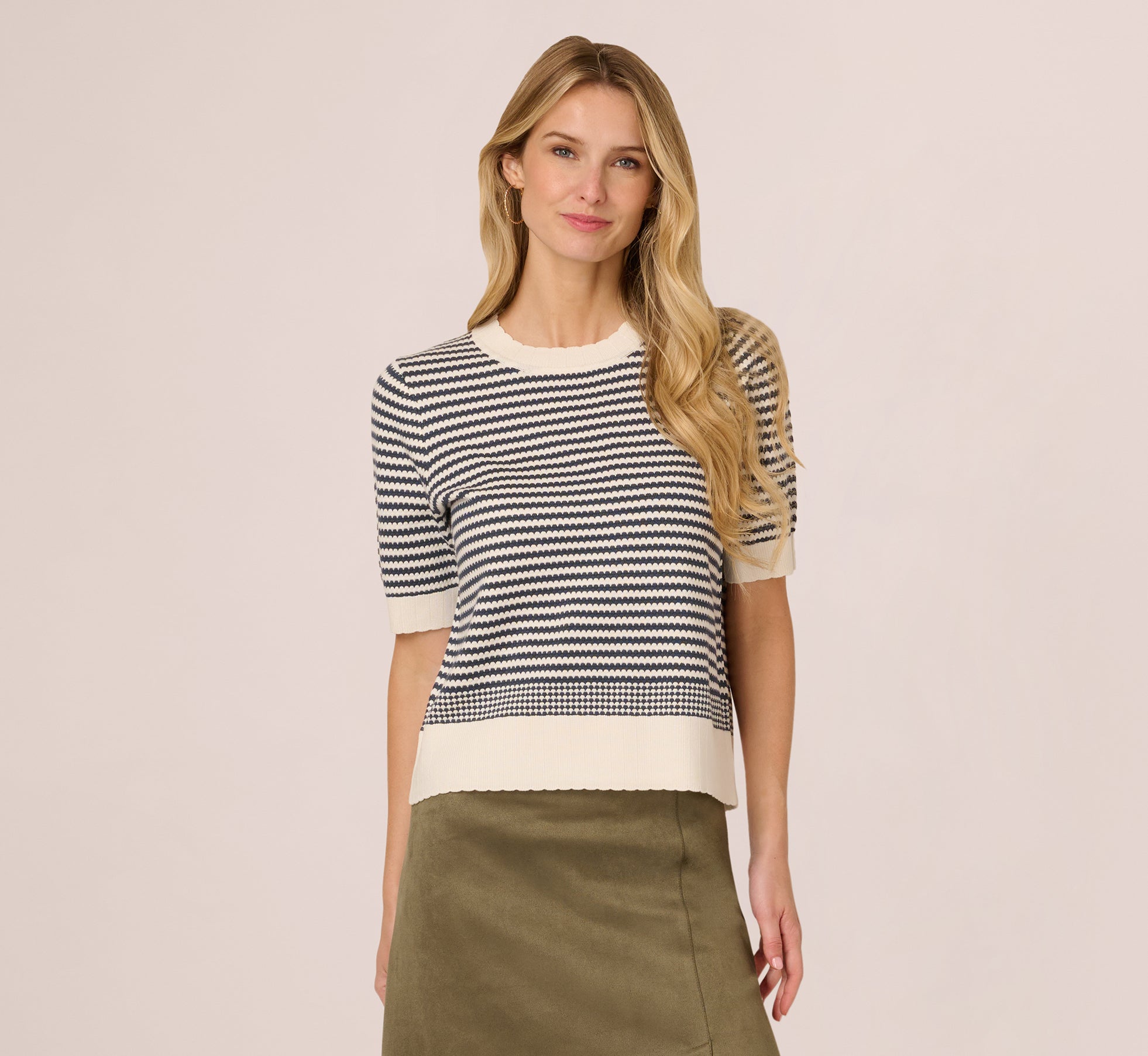 Short Sleeve Scalloped Stripe Pullover Sweater In Ivory Slate Blue