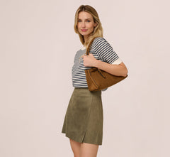 Short Sleeve Scalloped Stripe Pullover Sweater In Ivory Slate Blue