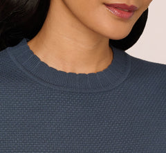 Short Sleeve Scalloped Sweater Top In Slate Blue