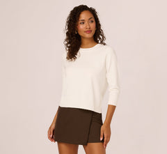 Three Quarter Sleeve Scalloped Pullover Sweater In Ivory
