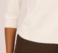 Three Quarter Sleeve Scalloped Pullover Sweater In Ivory