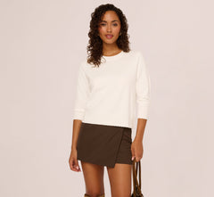 Three Quarter Sleeve Scalloped Pullover Sweater In Ivory