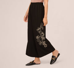 Wide Leg Floral Embroidered Pant In Black Cream