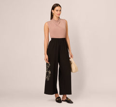 Wide Leg Floral Embroidered Pant In Black Cream