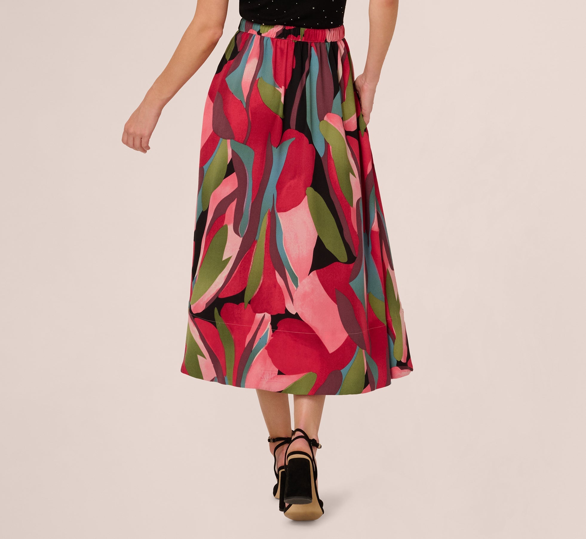Printed A Line Drawstring Midi Skirt In Mosiac Leaves