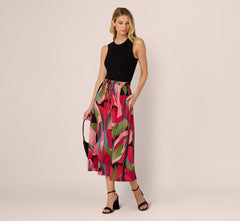 Printed A Line Drawstring Midi Skirt In Mosiac Leaves