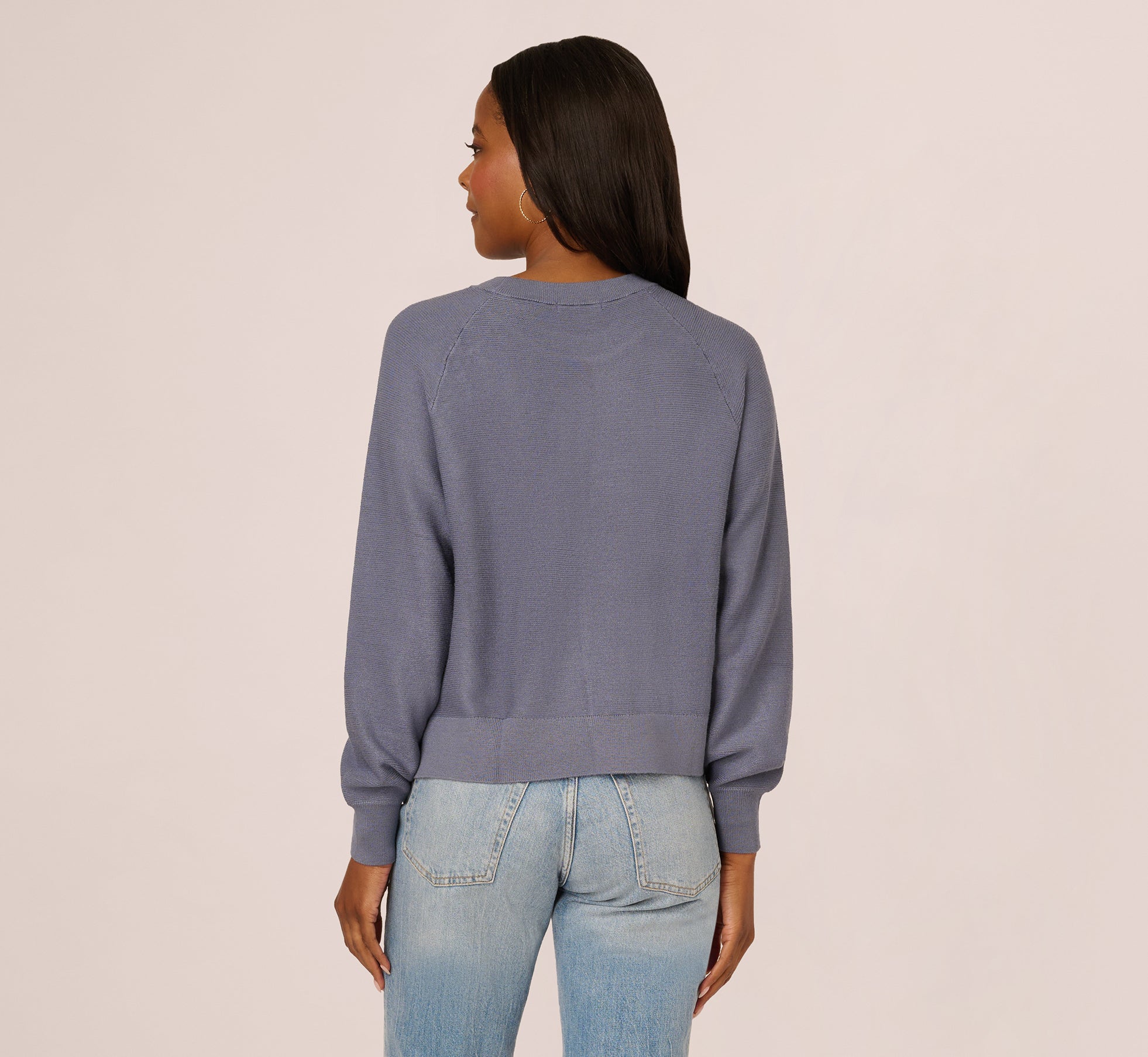 Long Sleeve Laced Raglan Sweater In Dusty Blue