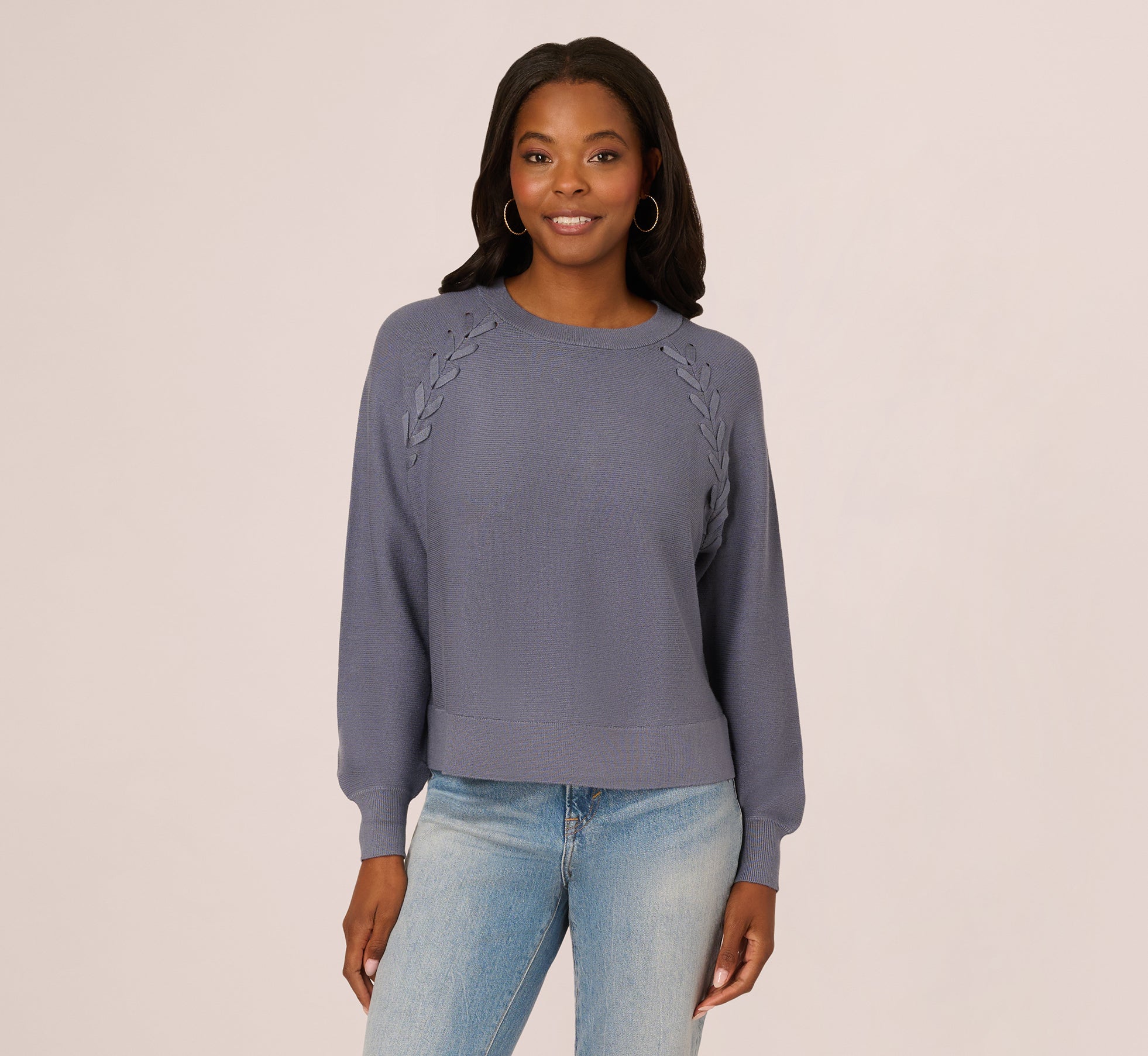 Long Sleeve Laced Raglan Sweater In Dusty Blue
