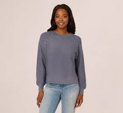 Long Sleeve Laced Raglan Sweater In Dusty Blue
