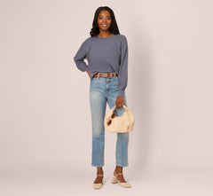 Long Sleeve Laced Raglan Sweater In Dusty Blue