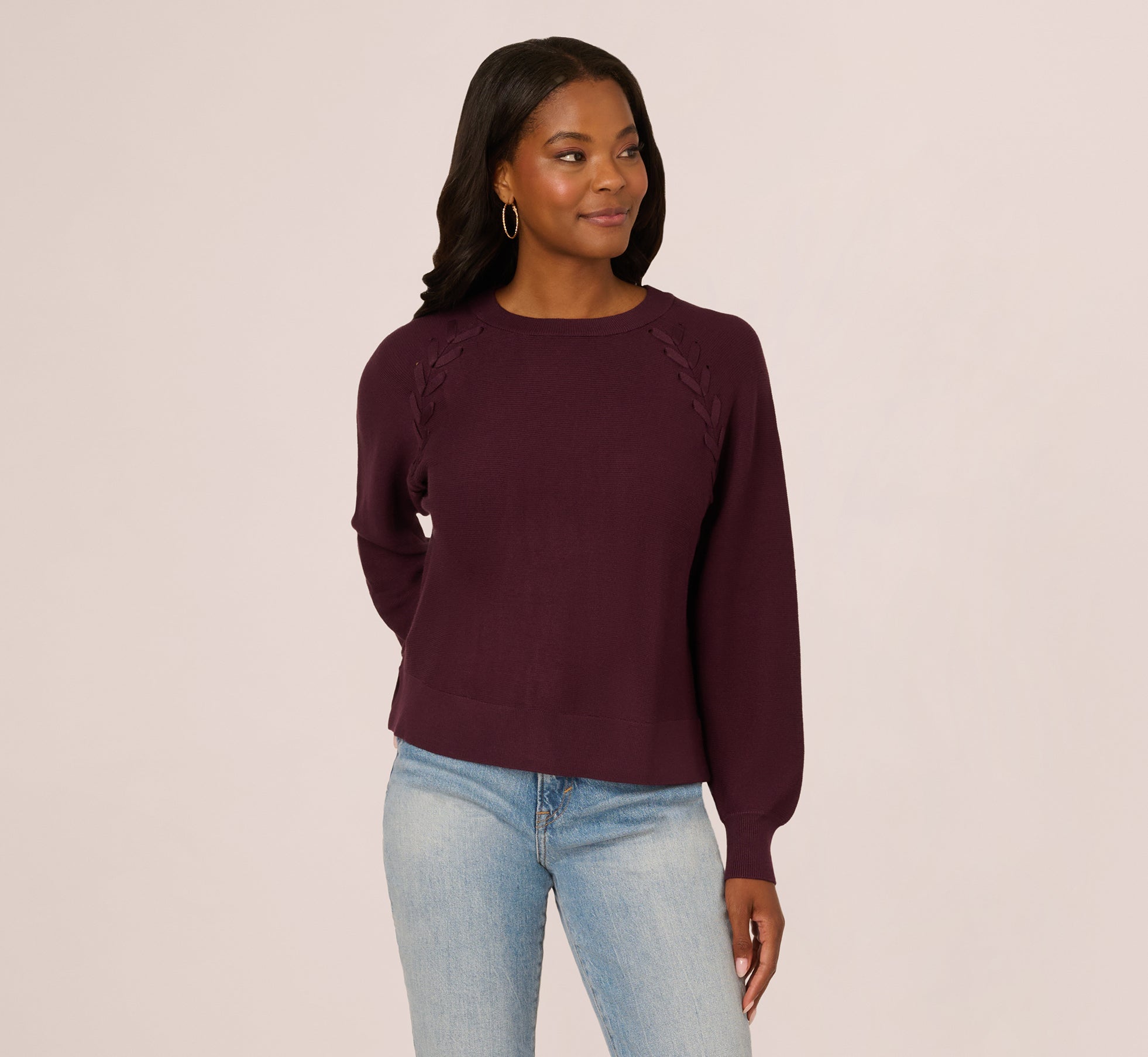 Long Sleeve Laced Raglan Sweater In Plum
