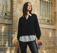 Long Sleeve Collared Printed Twover Sweater In Black W  Cream Abstract Dot