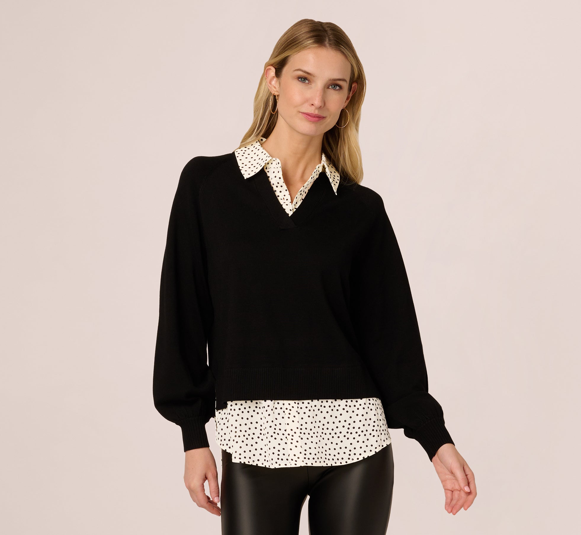 Long Sleeve Collared Printed Twover Sweater In Black W  Cream Abstract Dot