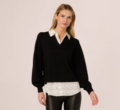 Long Sleeve Collared Printed Twover Sweater In Black W  Cream Abstract Dot