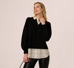 Long Sleeve Collared Printed Twover Sweater In Black W  Cream Abstract Dot