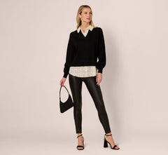 Long Sleeve Collared Printed Twover Sweater In Black W  Cream Abstract Dot