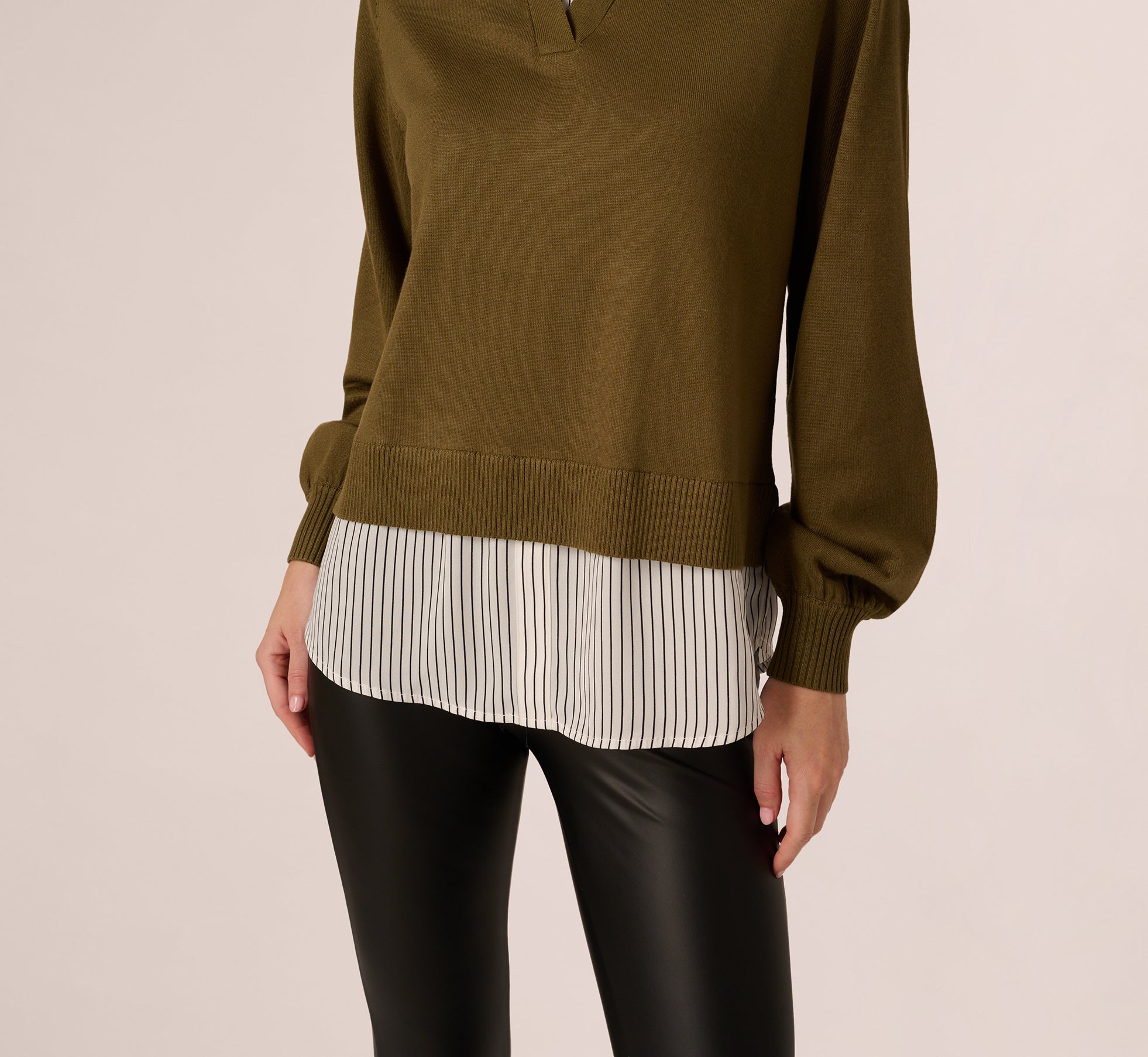 Long Sleeve Collared Printed Twover Sweater In Oak Olive W Iv Blministripe