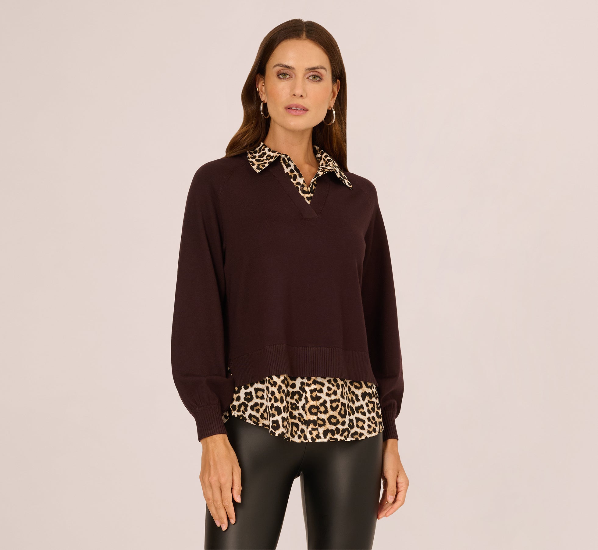 Long Sleeve Collared Printed Twover Sweater In Brownie W  Bengal Cheetah
