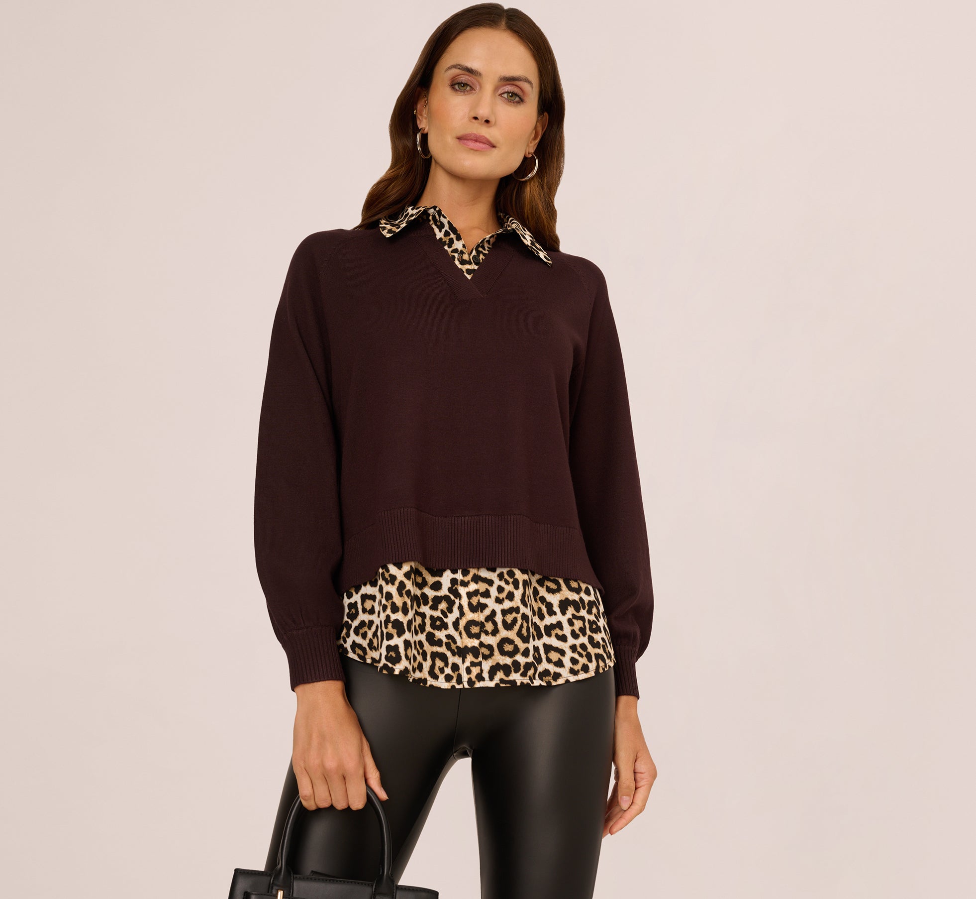 Long Sleeve Collared Printed Twover Sweater In Brownie W  Bengal Cheetah