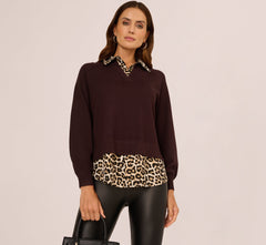 Long Sleeve Collared Printed Twover Sweater In Brownie W  Bengal Cheetah