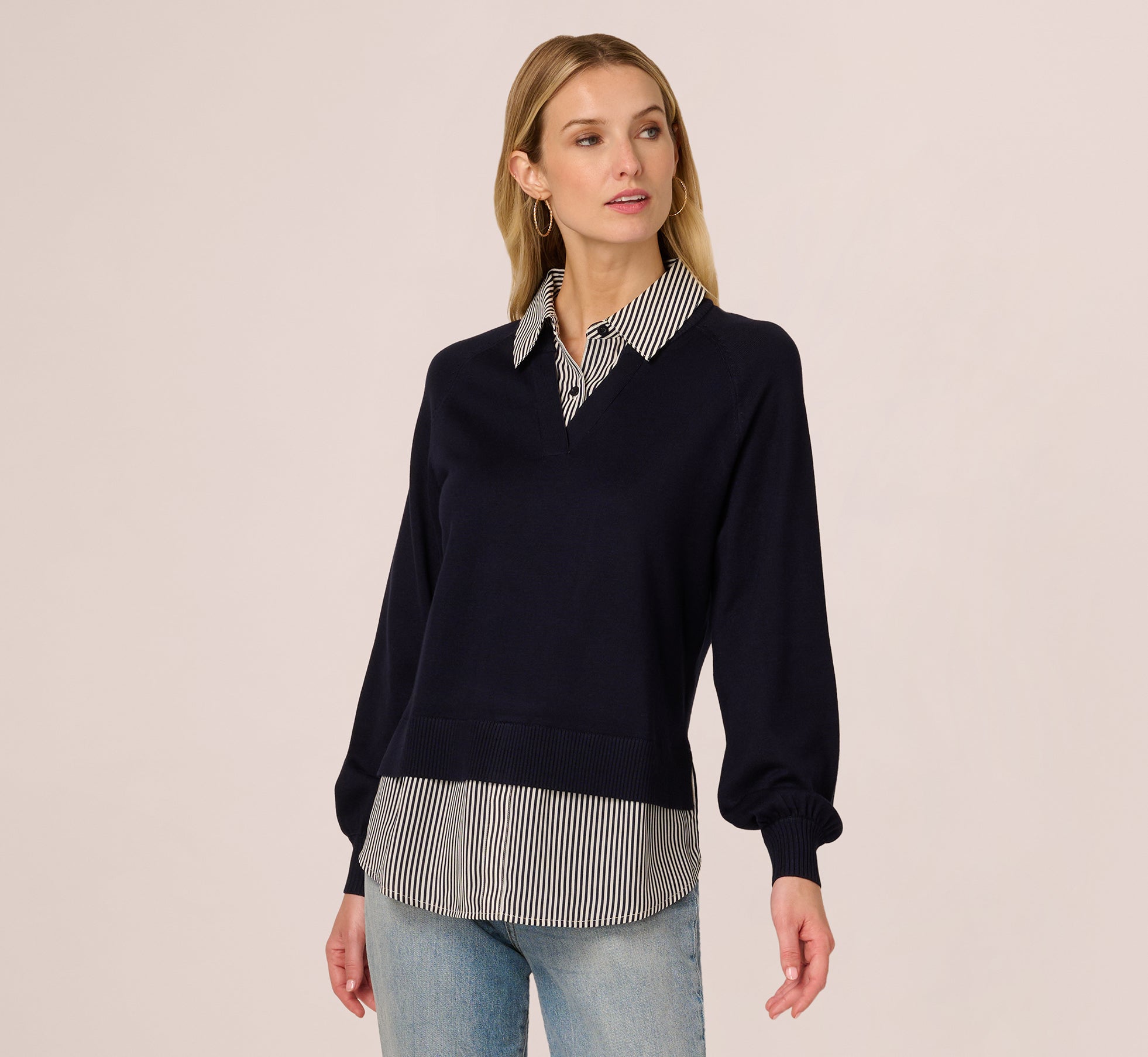 Long Sleeve Collared Printed Twover Sweater In Navy W  Navy Small Stripe