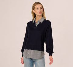 Long Sleeve Collared Printed Twover Sweater In Navy W  Navy Small Stripe