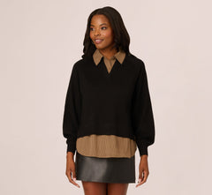 Long Sleeve Collared Printed Twover Sweater In Black W  Mocha Petite Stripe