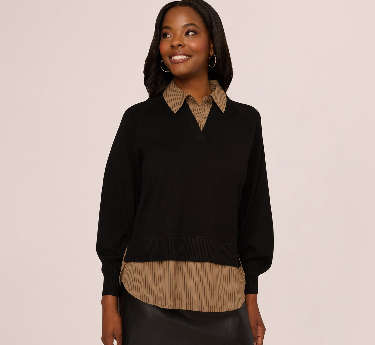 Long Sleeve Collared Printed Twover Sweater In Black W  Mocha Petite Stripe