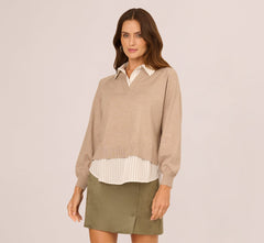 Long Sleeve Collared Printed Twover Sweater In H. Oatmeal W  Staple Stripe