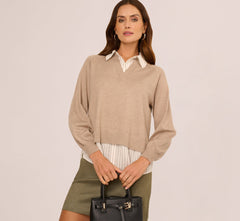 Long Sleeve Collared Printed Twover Sweater In H. Oatmeal W  Staple Stripe