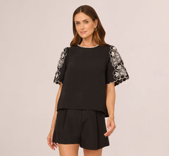 Short Sleeve Embroidered Lace Top In Black Ivory