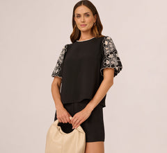 Short Sleeve Embroidered Lace Top In Black Ivory