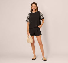 Short Sleeve Embroidered Lace Top In Black Ivory