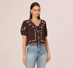 Puff Sleeve Embroidered Tie Front Top In Chocolate Ecru