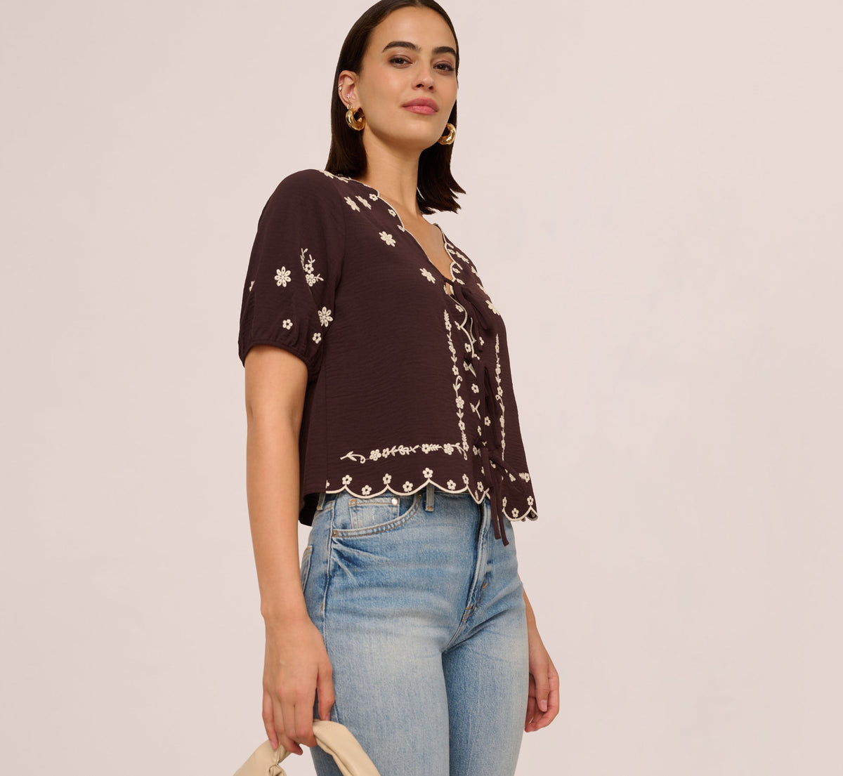 Puff Sleeve Embroidered Tie Front Top In Chocolate Ecru