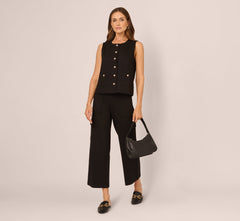 Button Front Ponte Vest Top In Black