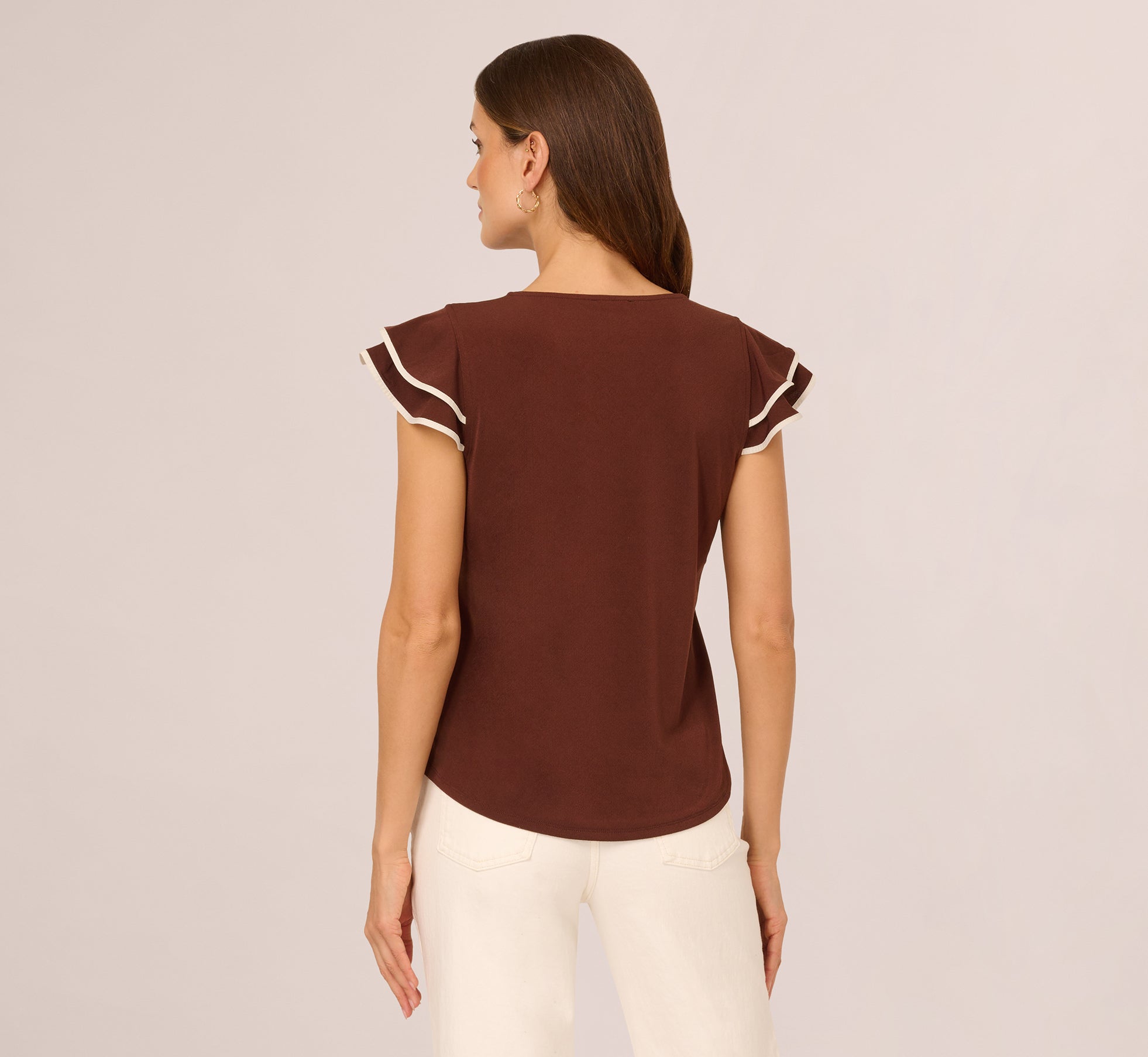 Flutter Sleeve Contrast Tipped Top In Shaved Chocolate Ecru