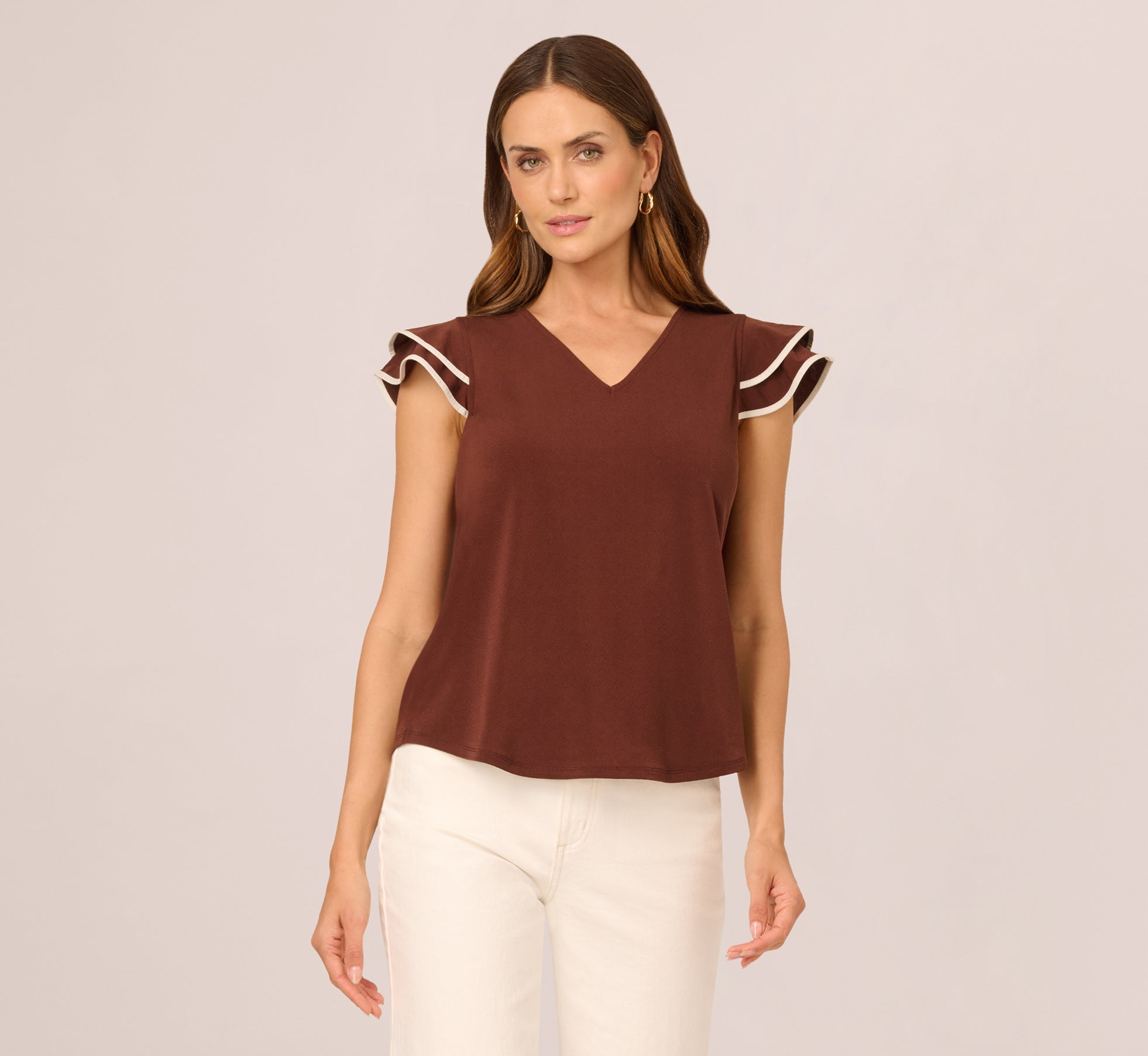 Flutter Sleeve Contrast Tipped Top In Shaved Chocolate Ecru