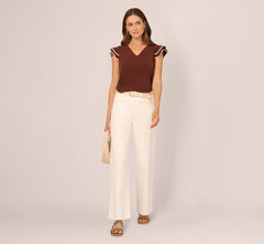 Flutter Sleeve Contrast Tipped Top In Shaved Chocolate Ecru
