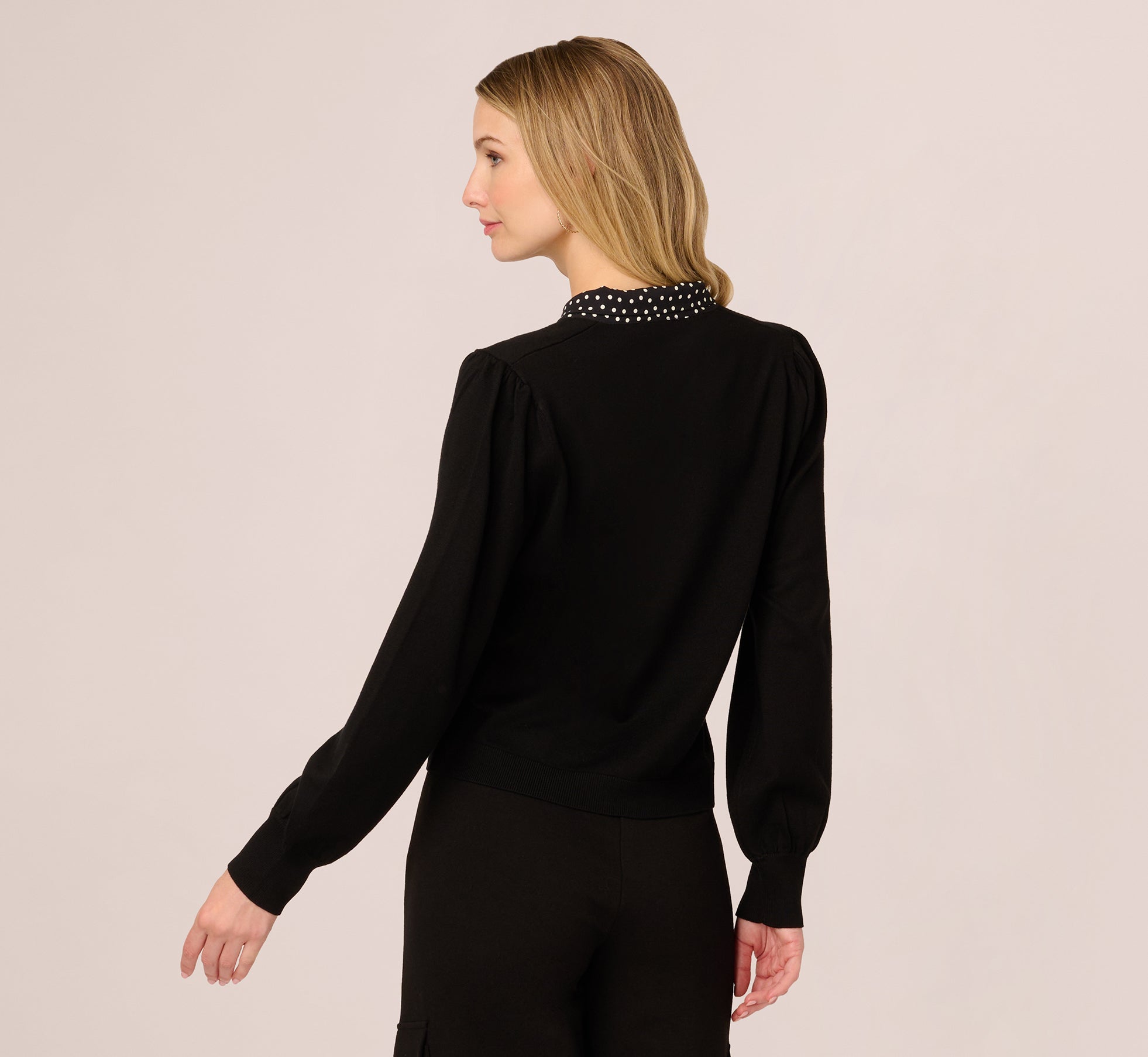 Long Sleeve Satin Neck Tie Sweater In Black W  Black Cream Dot